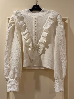 Zara Women's Cream Ruffle Front Pullover Sweater